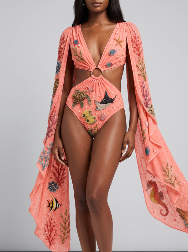Seraphine Coral Multi Colour Embellished Bodysuit