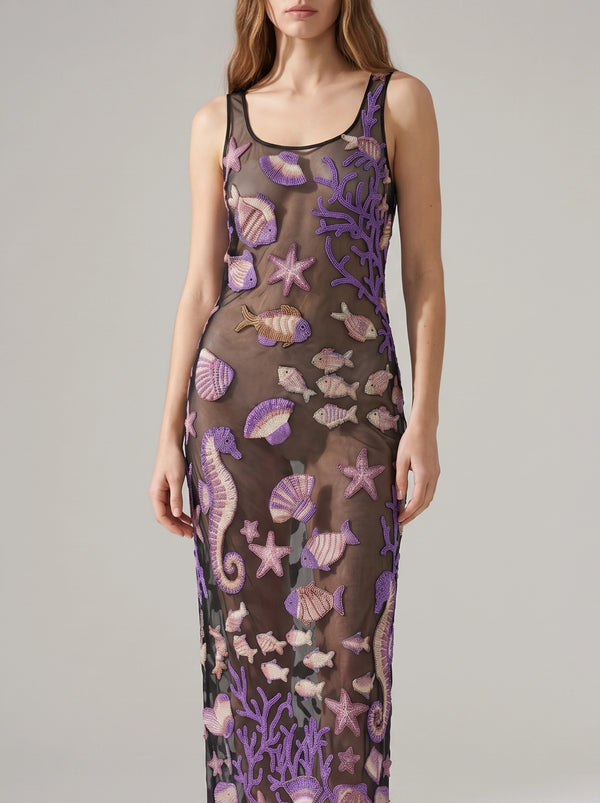 Coraline Black Purple Sheer Maxi Dress