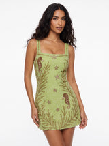 Coastal Hand Beaded Embroidery Mini Dress Green