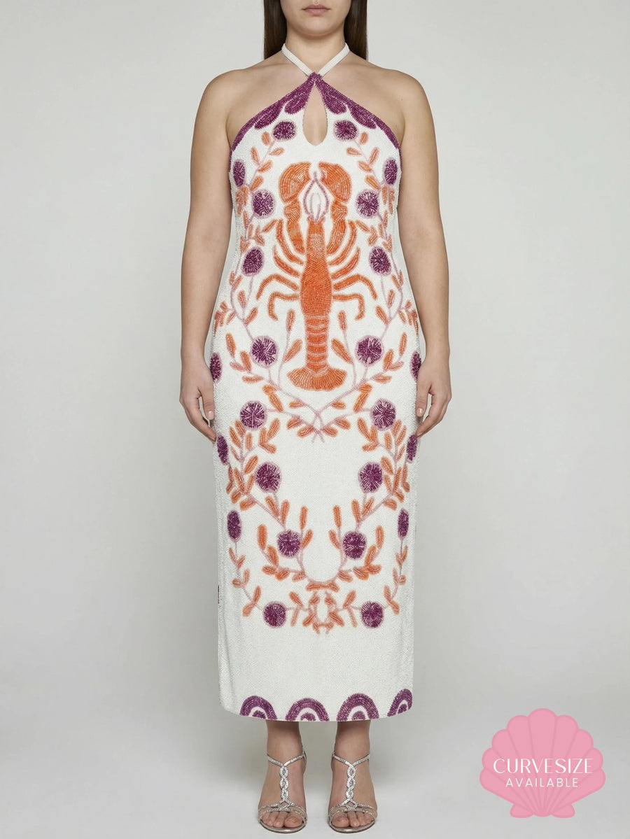 Lobster White Hand Beaded Maxi Dress