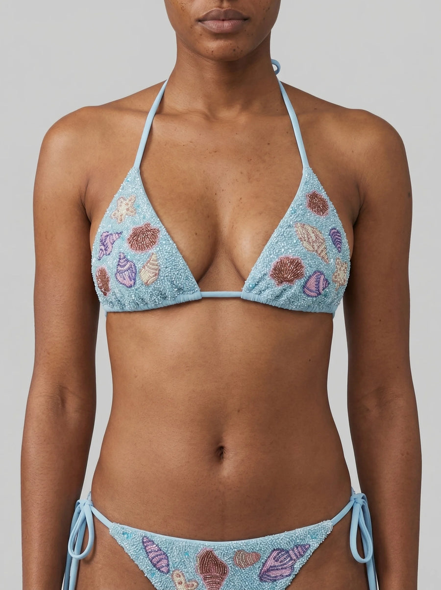 Shell Beaded Bikini Top - Blue