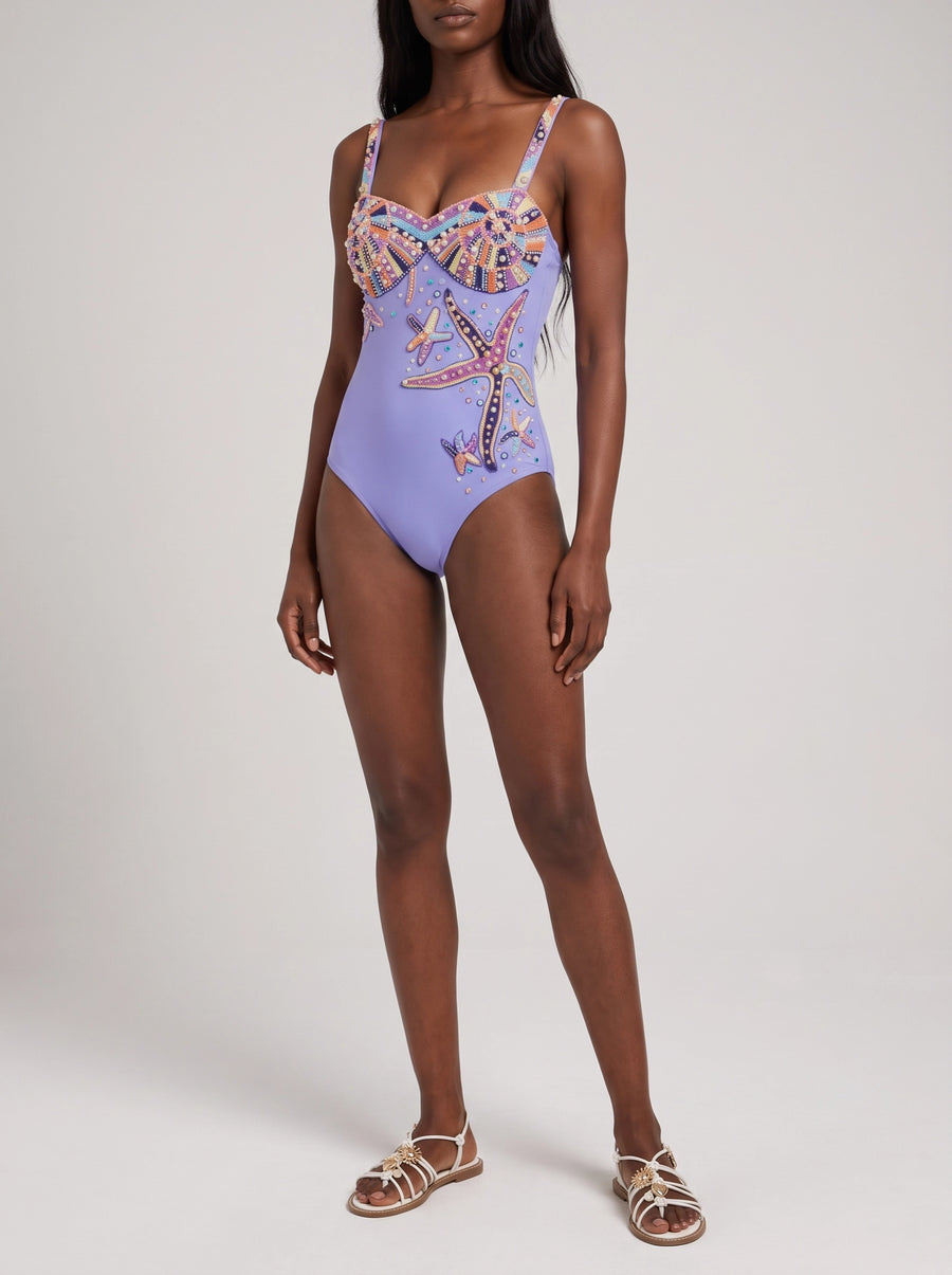 Selene Sea Shell Hand-Beaded Swimsuit Purple