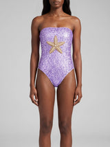 Purple Yellow Starfish Hand-Embroidered Sequin Strapless Swimsuit