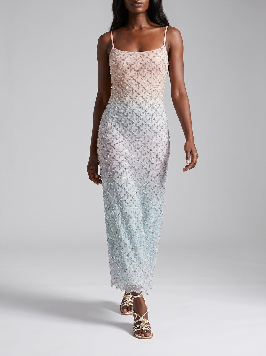 Calliope Luxury Hand Embroidered Crystal Pink Blue Ombre Maxi Party Dress