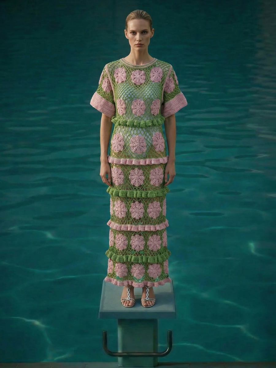 Shop Elle Crochet Green/Pink Dress - Oceanus Shop Elle Crochet Green/Pink Dress - Oceanus