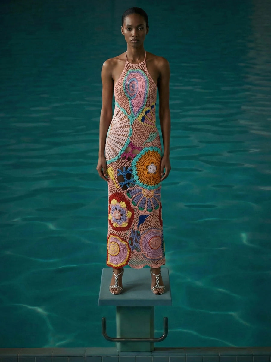 Kaia Crochet Coral Multi Maxi Dress