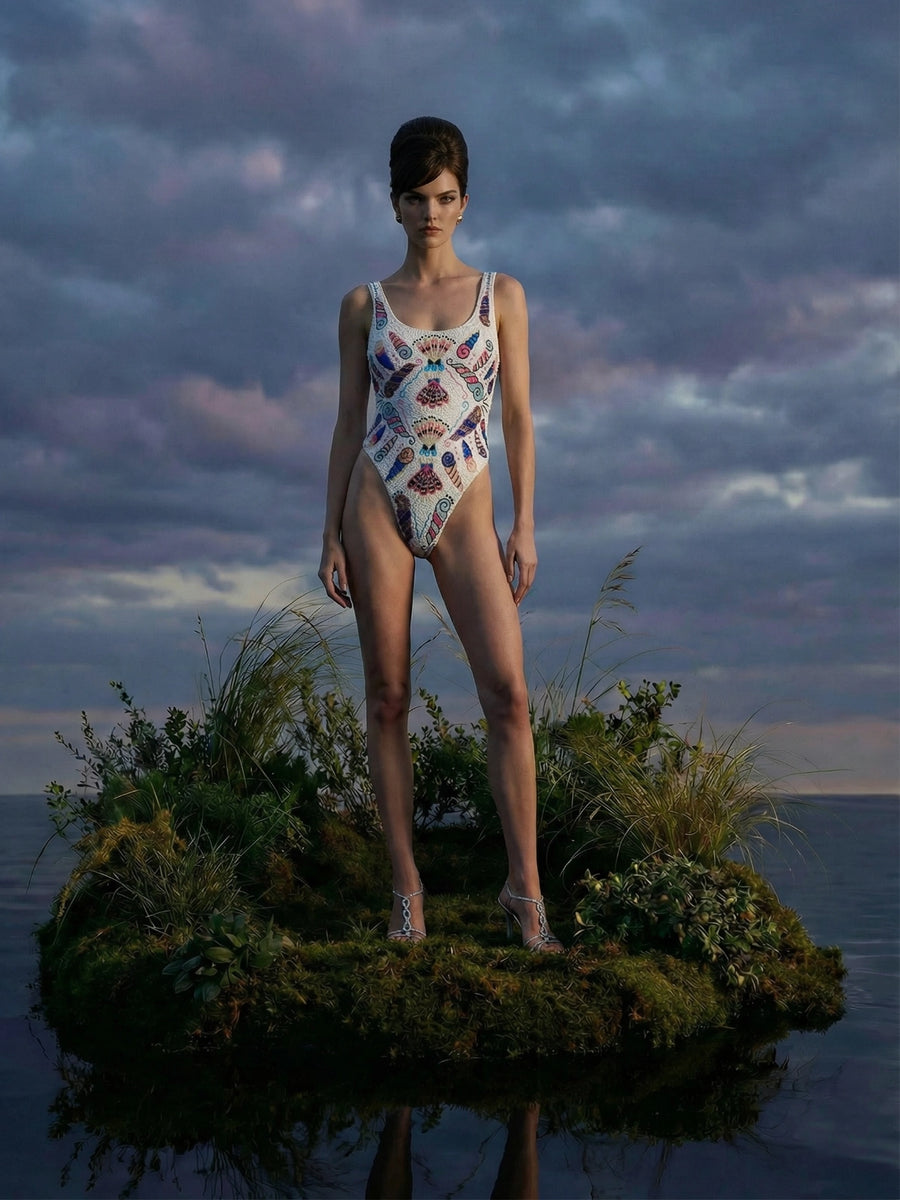Oceanus x Zandra Rhodes Dreamshell Swimsuit White