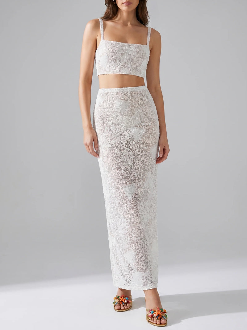 Hazel Beaded Powermesh Jellyfish Maxi Skirt- White