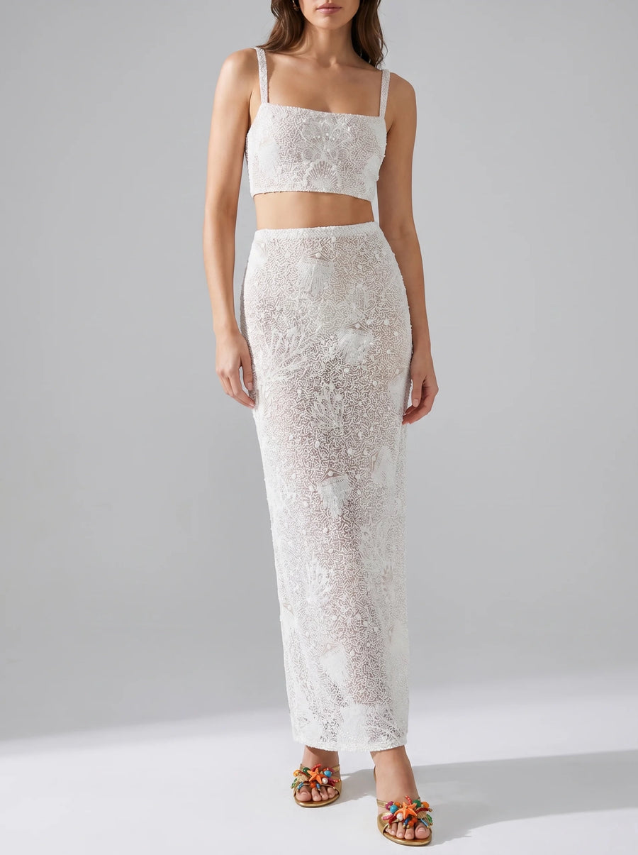 Hazel Beaded Powermesh Jellyfish Maxi Skirt- White