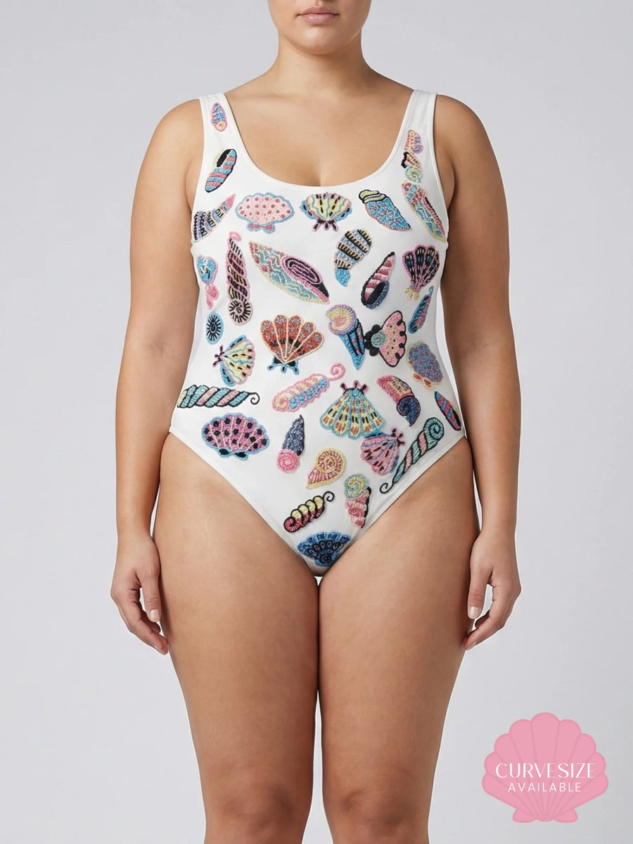 Oceanus x Zandra Rhodes Dreamshell Half Beaded White Swimsuit