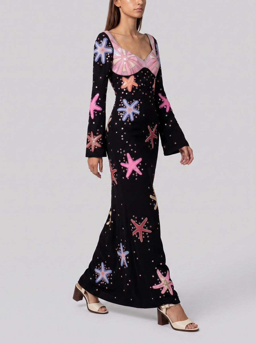 Crescent Shell Bell Sleeve Dress in Black