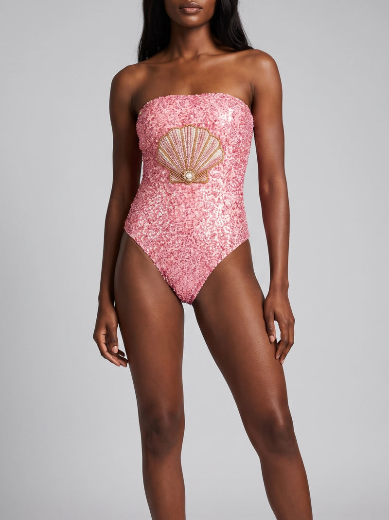 Pink Shell Half Beaded Strapless Swimsuit