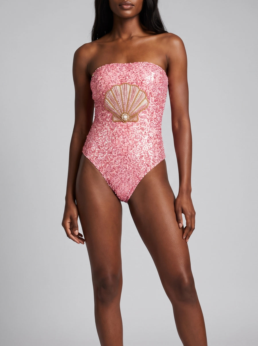 Pink Shell Half Beaded Strapless Swimsuit