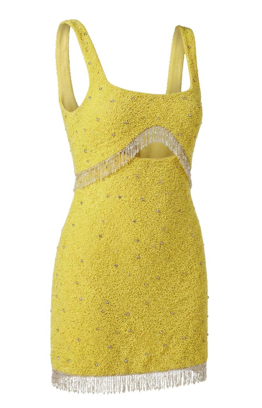 Yellow dress with lace details and fringe on a white background