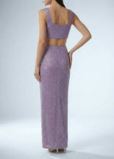 Purple sequin two-piece dress on a white background