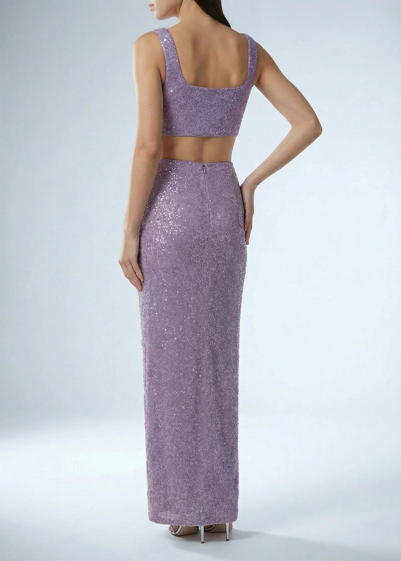 Purple sequin two-piece dress on a white background