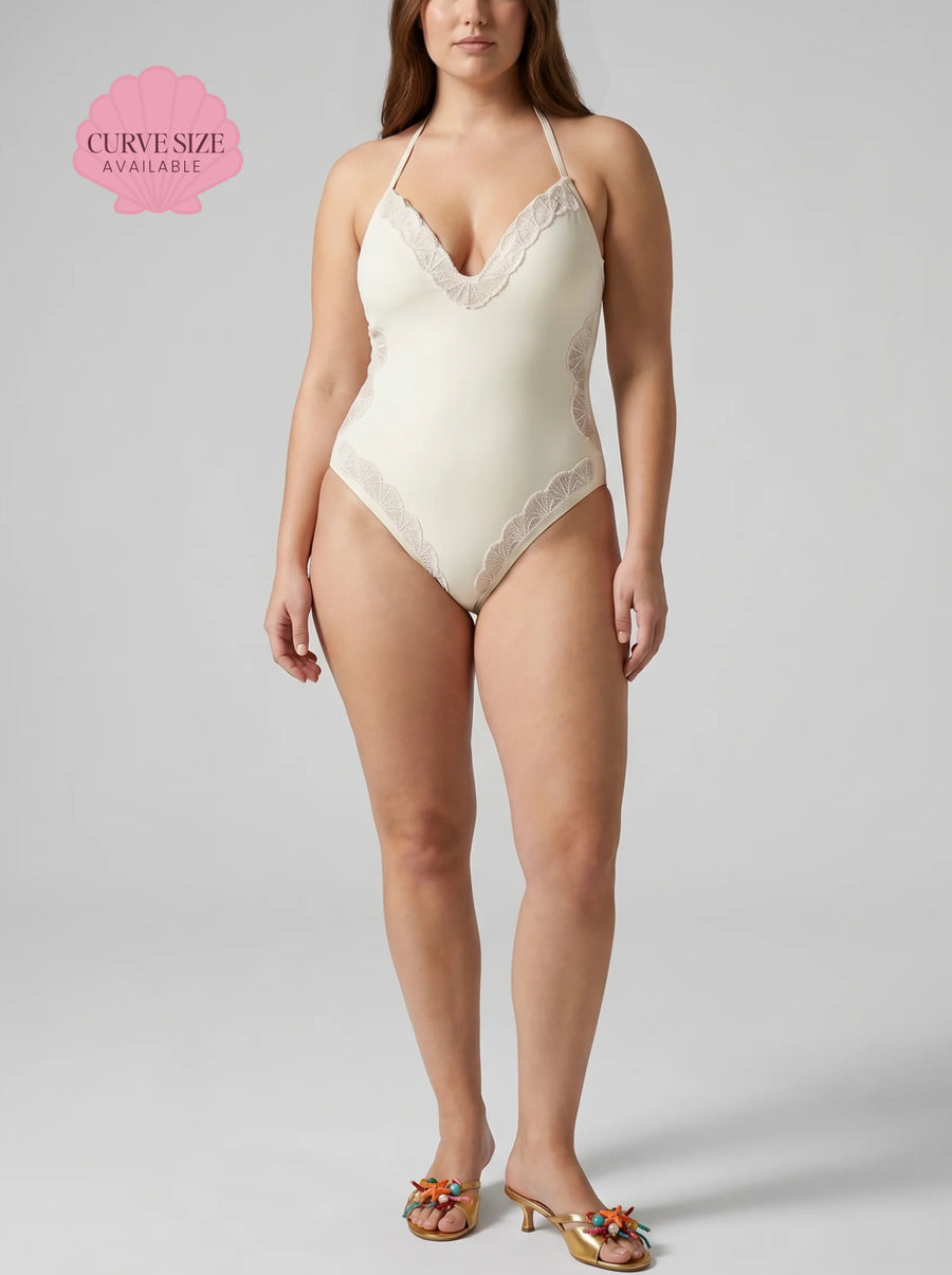 Curve Coral Plain White Cream Swimsuit