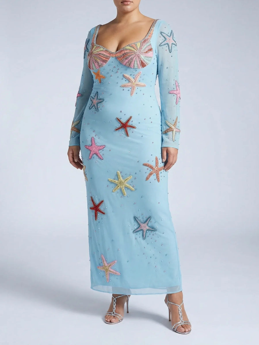 Crescent Shell Bell Sleeve Dress - Blue