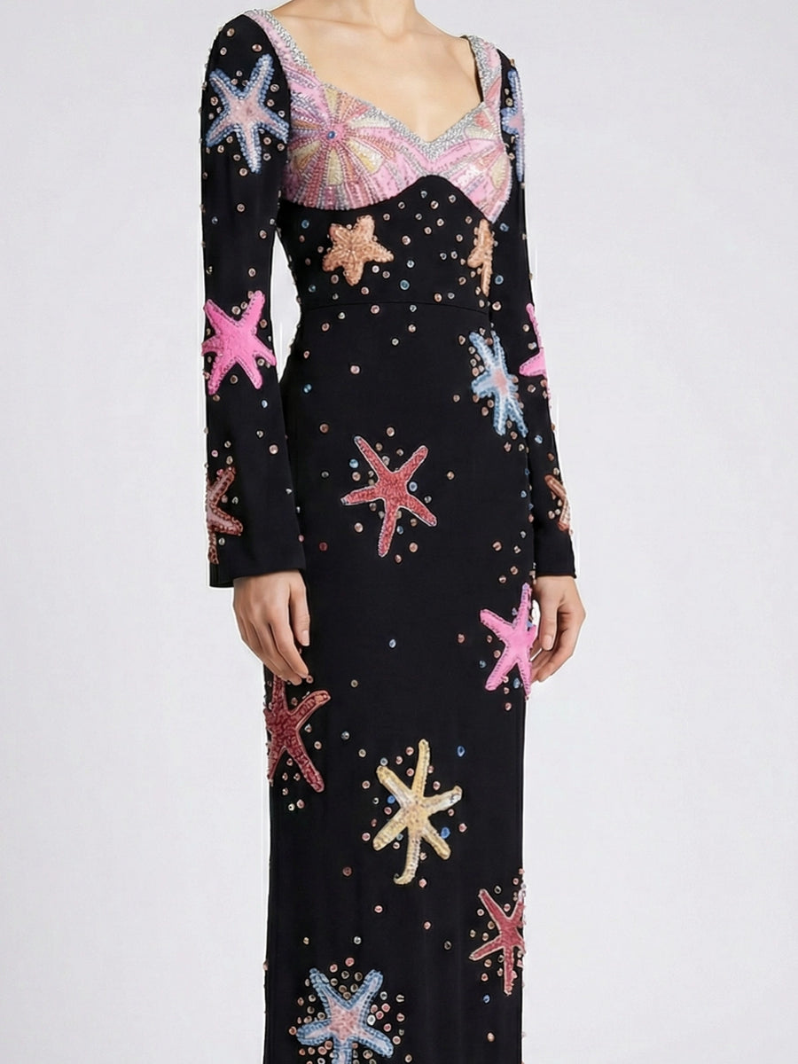 Crescent Shell Bell Sleeve Dress in Black