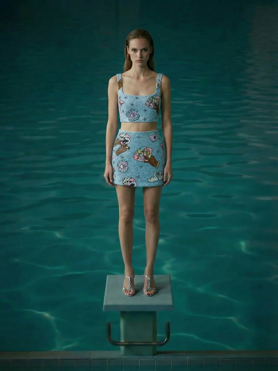 Vegas Beaded Mini Blue Party Beach Co-ord Skirt