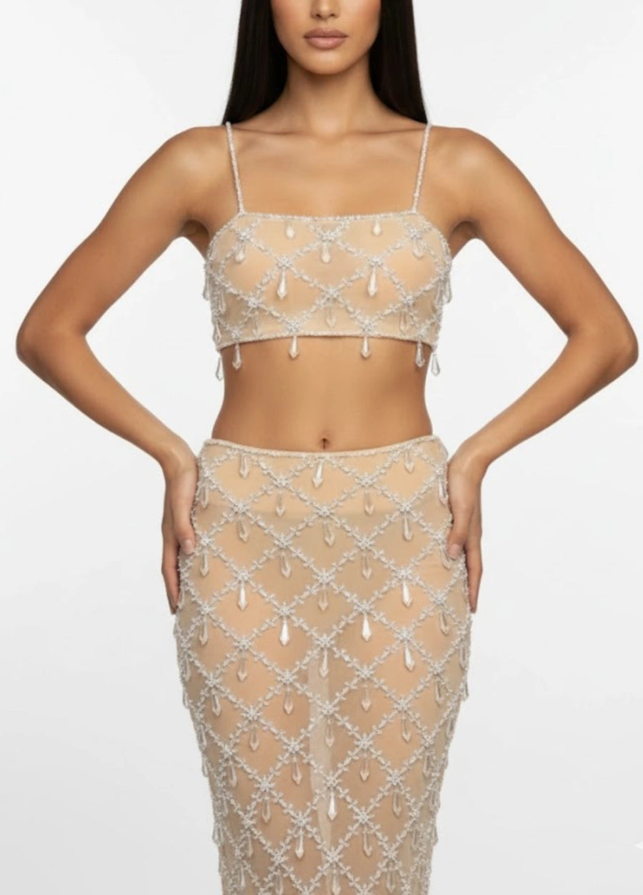 Calliope Luxury Crystal Co-Ord Skirt Nude