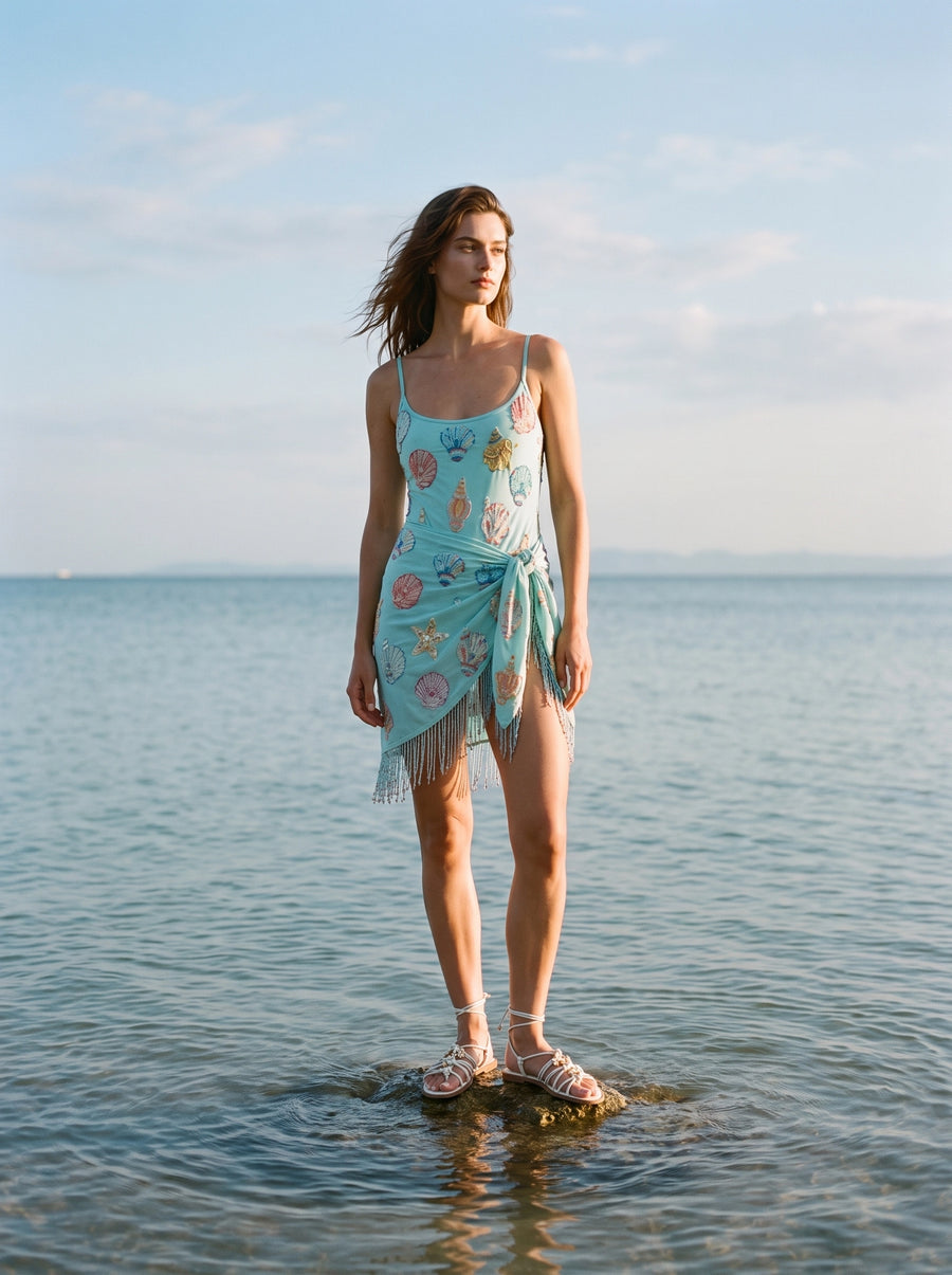 Shell and Starfish Sky Blue Embroidered Sarong
