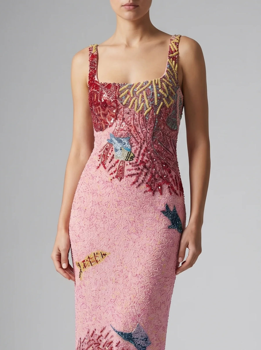 Oceanic Bloom Pink Maxi Dress