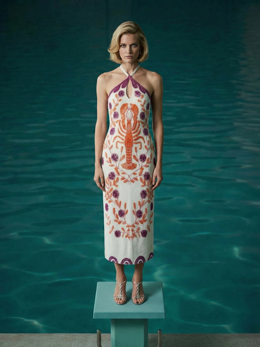 Lobster White Hand Beaded Maxi Dress