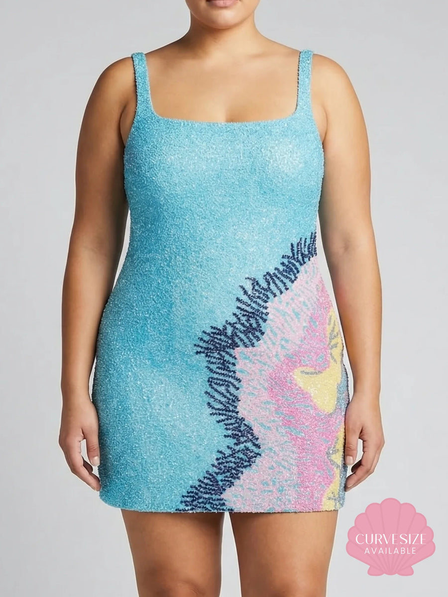 Adeline Coral Hand Beaded Mini Dress Blue