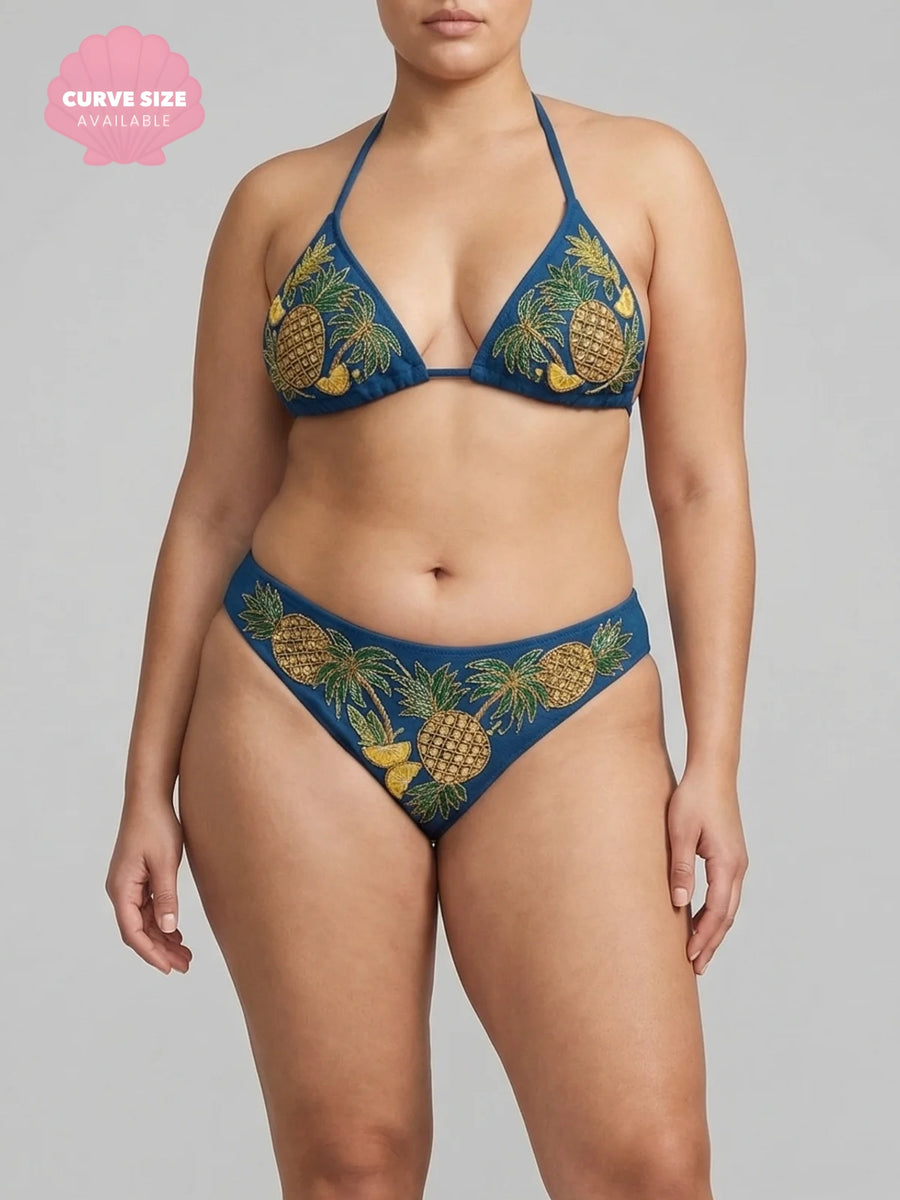 Tropical Pineapple Beaded Bikini Bottom in Blue