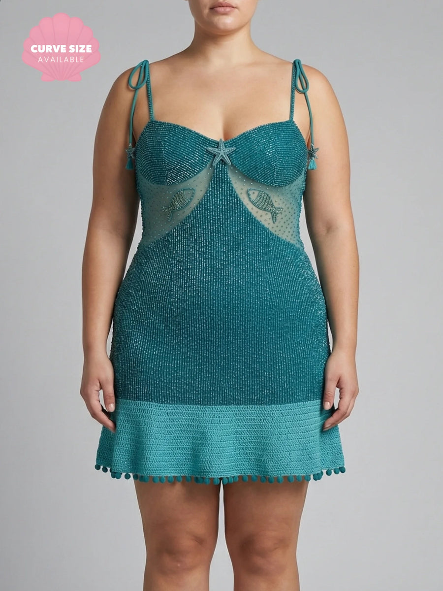 Green Starfish Beaded Mini Dress, XXL