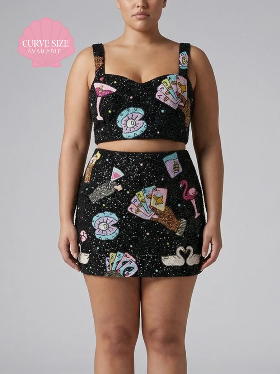 Vegas Beaded Mini Black Party Beach Co-ord Skirt