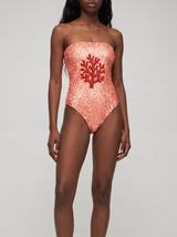 Orange Coral Hand-Beaded Strapless Swimsuit