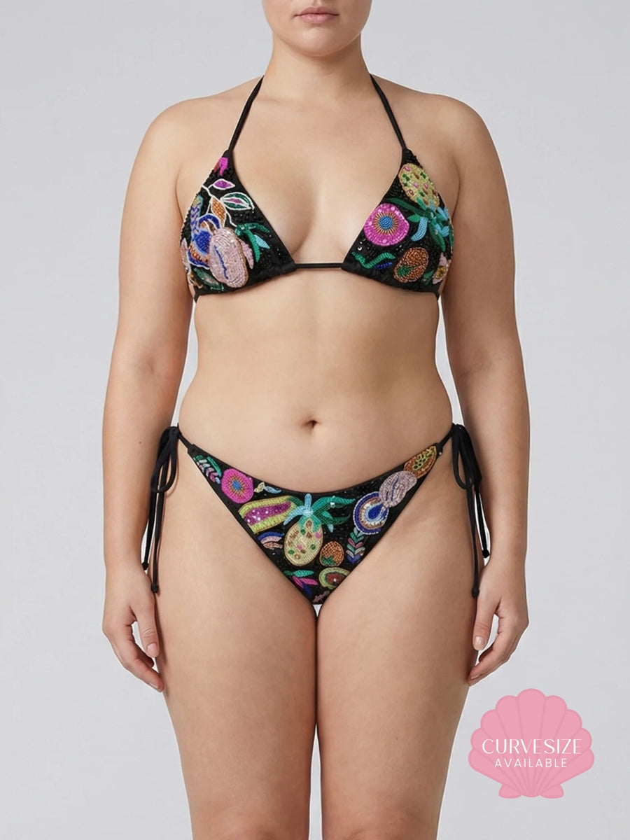 Fruit Hand beaded Underwire Bikini Bottom Black
