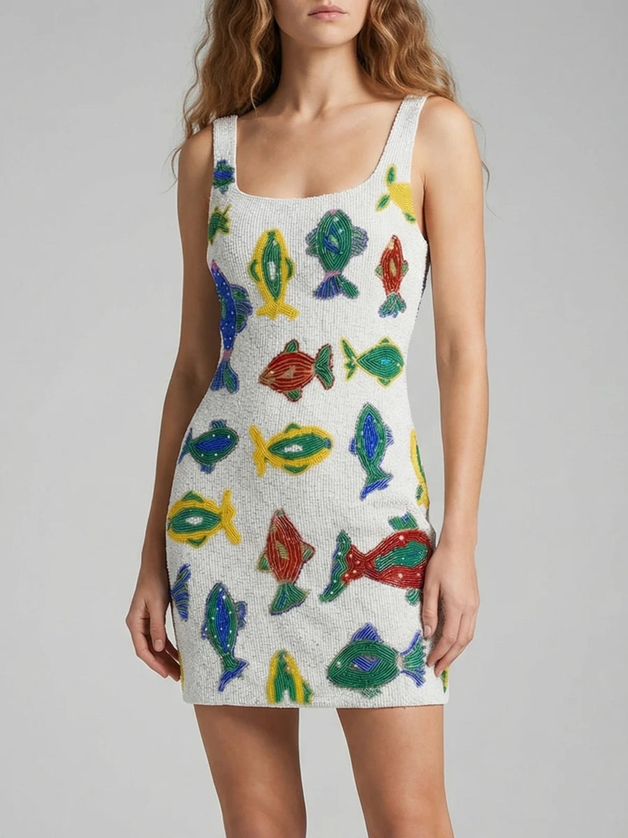 Tropical Fish Beaded Mini Dress