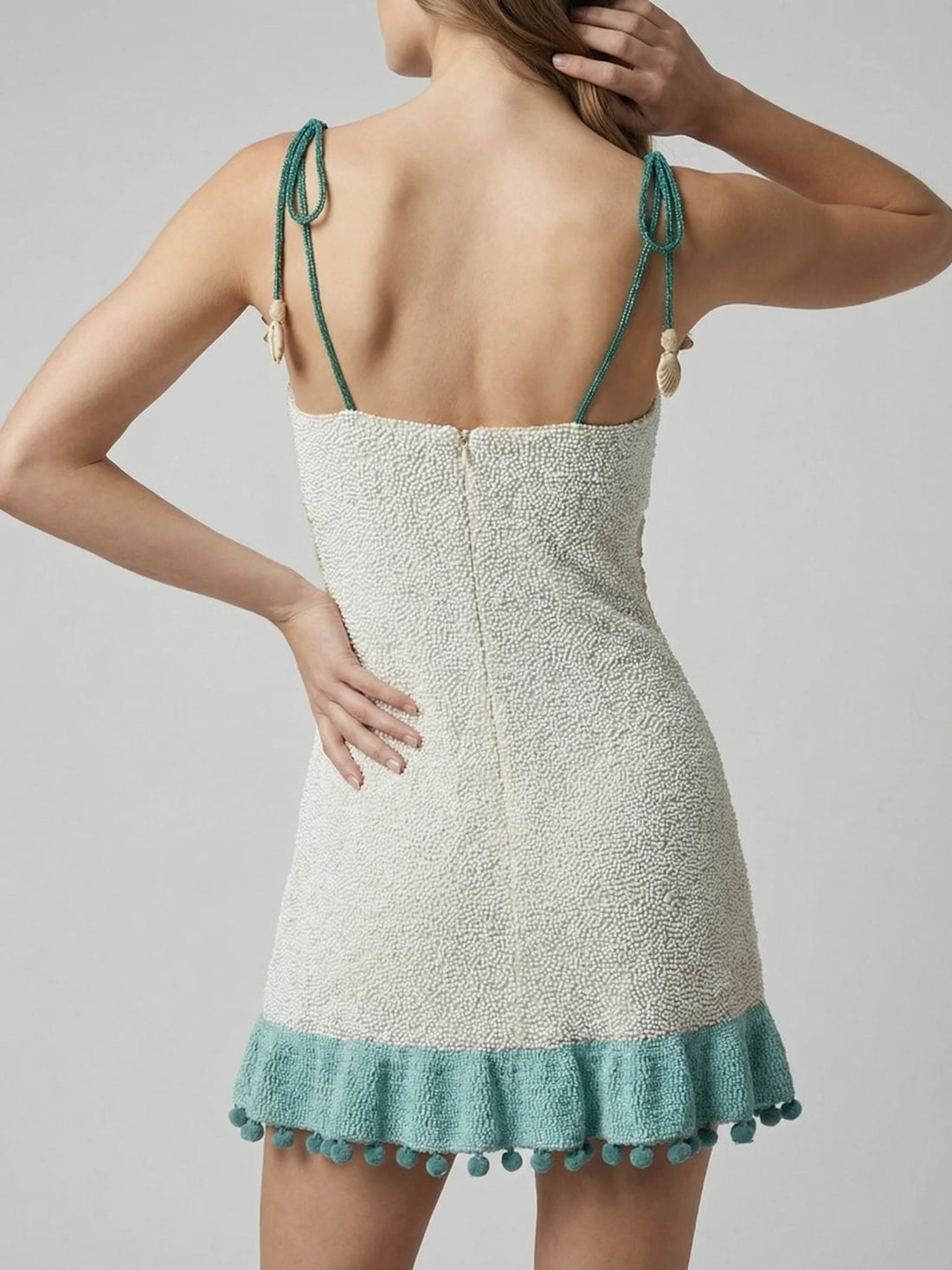 White Green Starfish Beaded Mini Dress