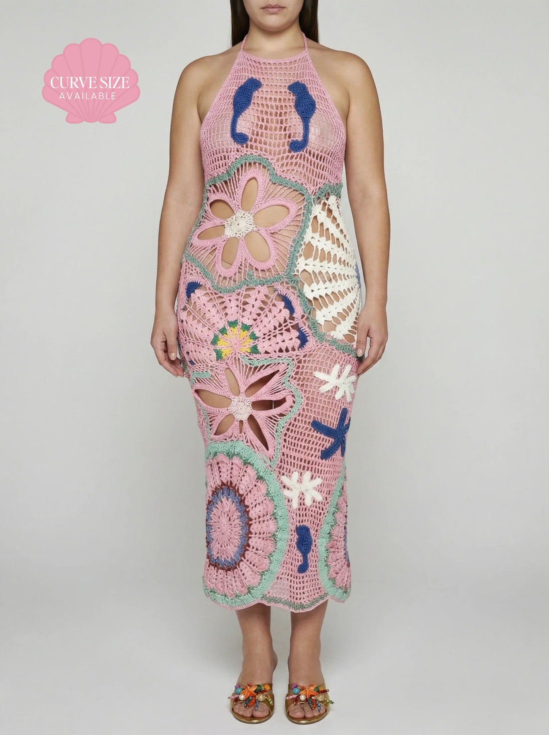 Curve Pearl Halter Crochet Maxi Dress Multi Coloured