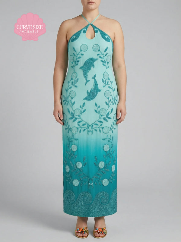 Curve Dolphin Teal Hand Beaded Maxi Dress