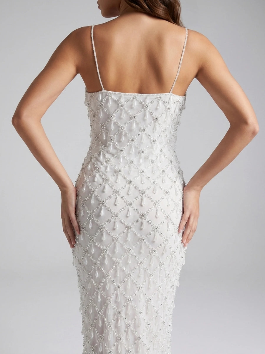 white and silver dress Shop Calliope Luxury Crystal White Maxi Party Dress