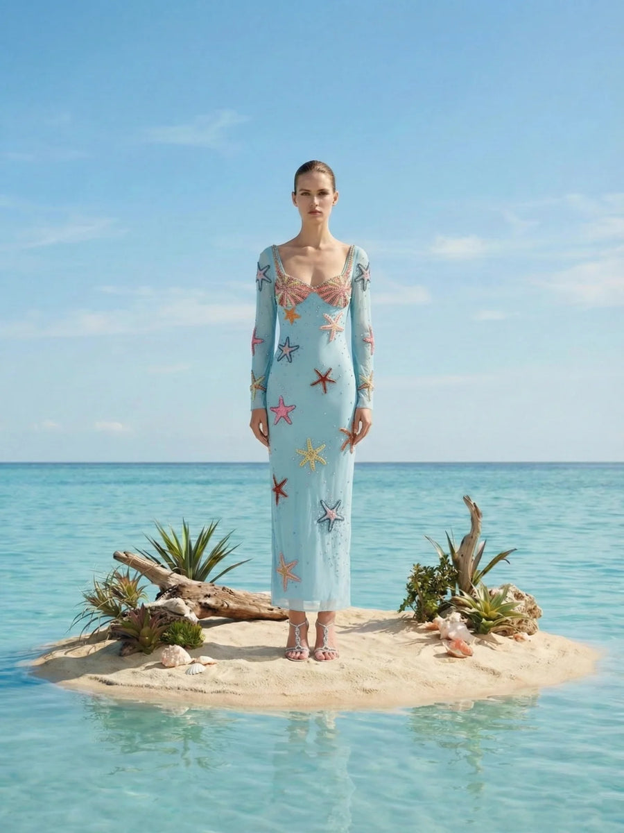 Crescent Shell Bell Sleeve Dress - Blue