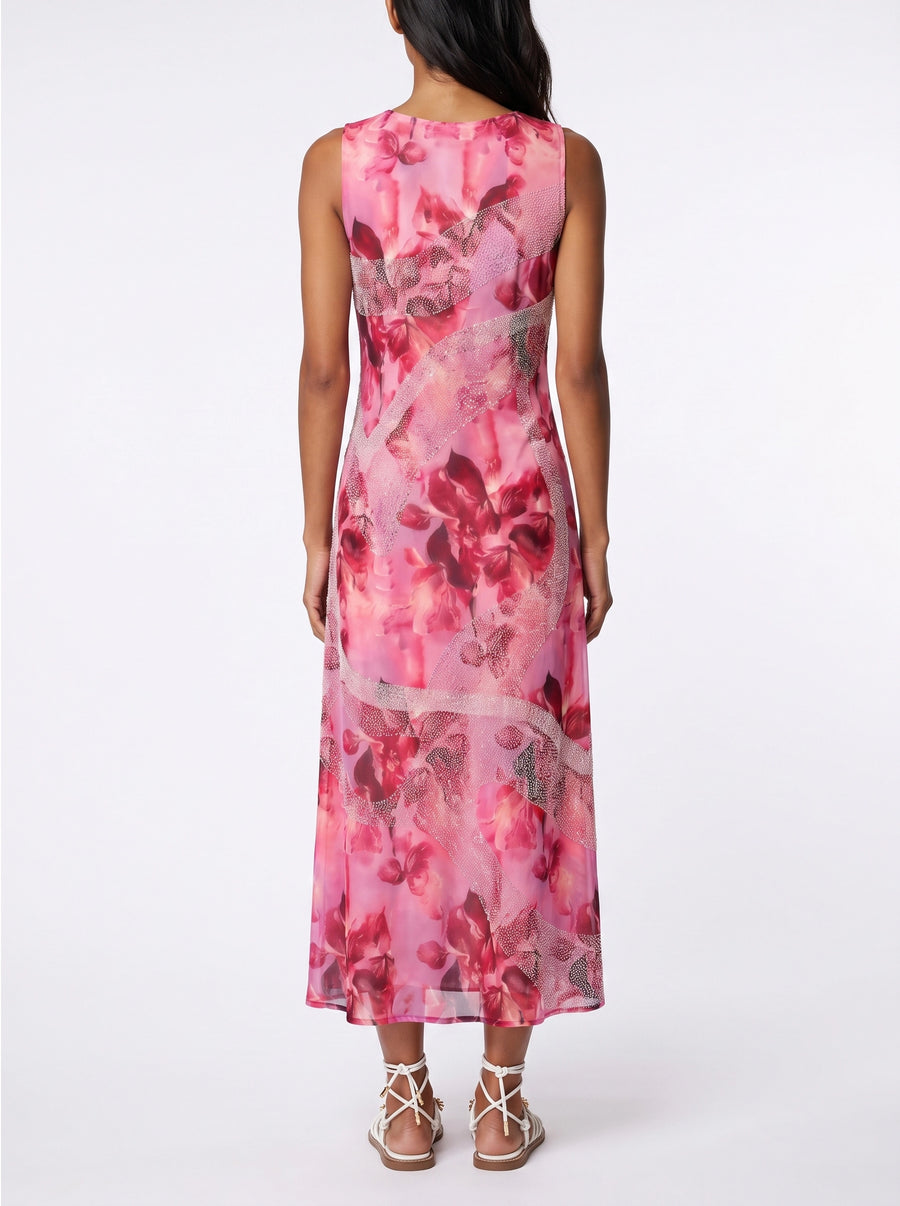Red Pink Flower Pearl Long Dress