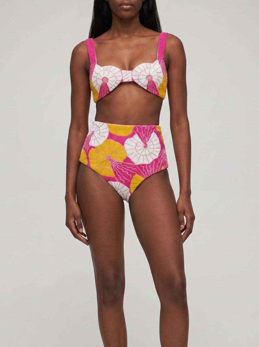 Oceanus x Zandra Rhodes Swirlshell Beaded Bikini Bottom Fuschia