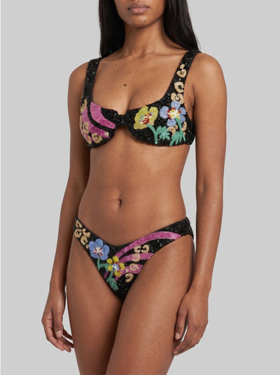 Colorful Flower Black Hand Beaded Bikini Bottom in Stock