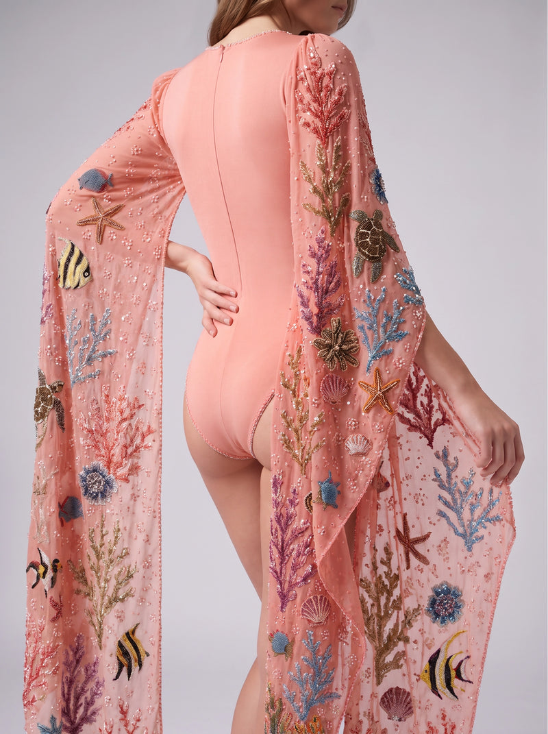 Seraphine Coral Multi Colour Hand-Beaded Embroidery Bodysuit