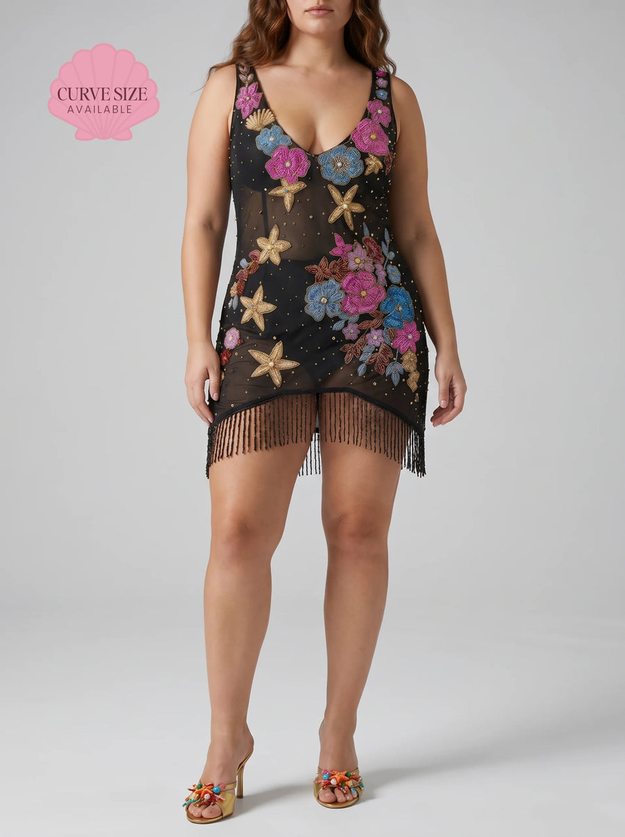 Curve Flower Starfish Tasseled Black Sheer Mini Dress