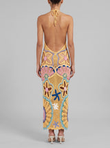 Pearl Halter Yellow Crochet Maxi Dress
