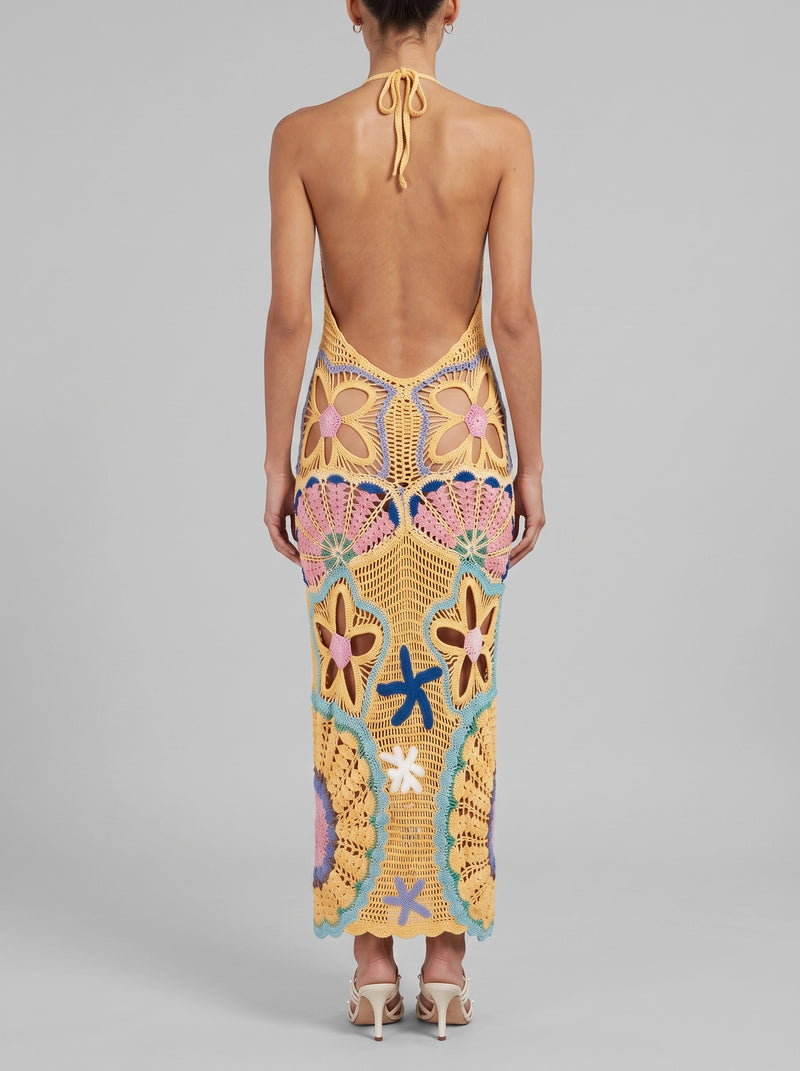 Pearl Halter Yellow Crochet Maxi Dress