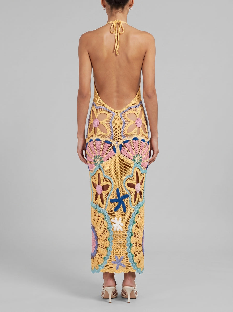 Pearl Halter Yellow Crochet Maxi Dress