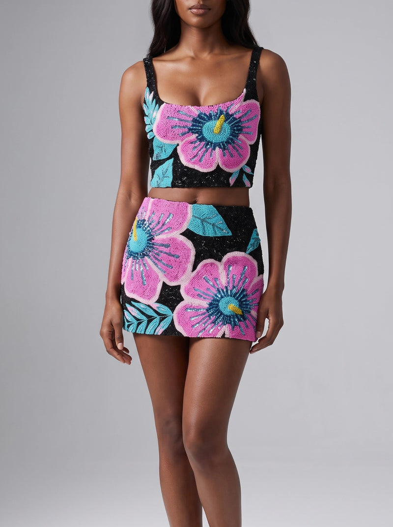 Royal Hibiscus Black Co-ord Skirt