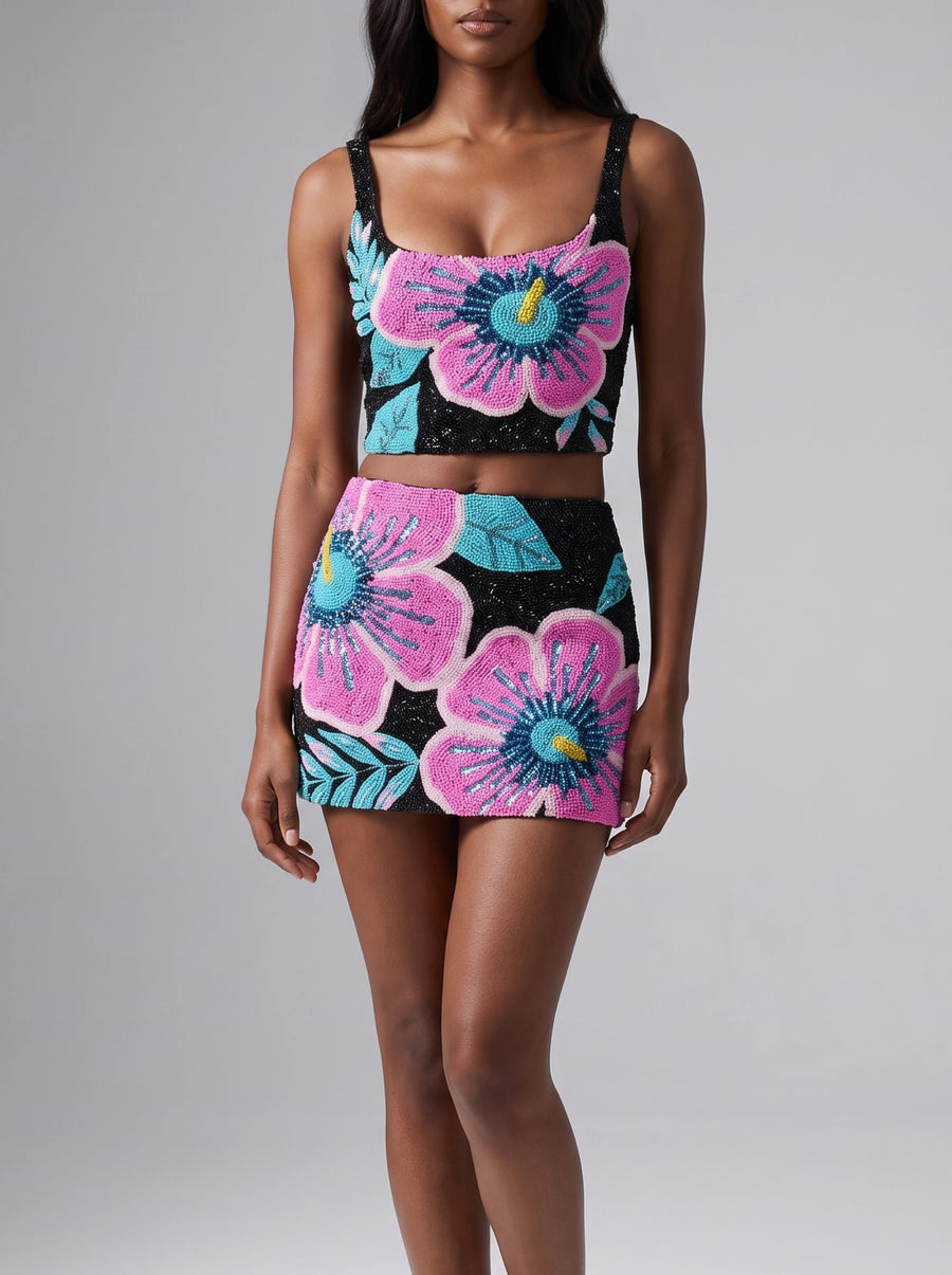 Royal Hibiscus Black Co-ord Top